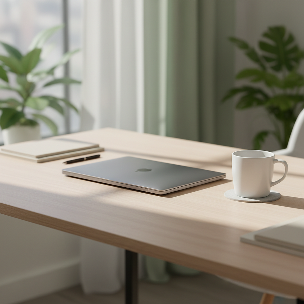 Laptop and notebook on a wooden desk, set up for a telehealth session