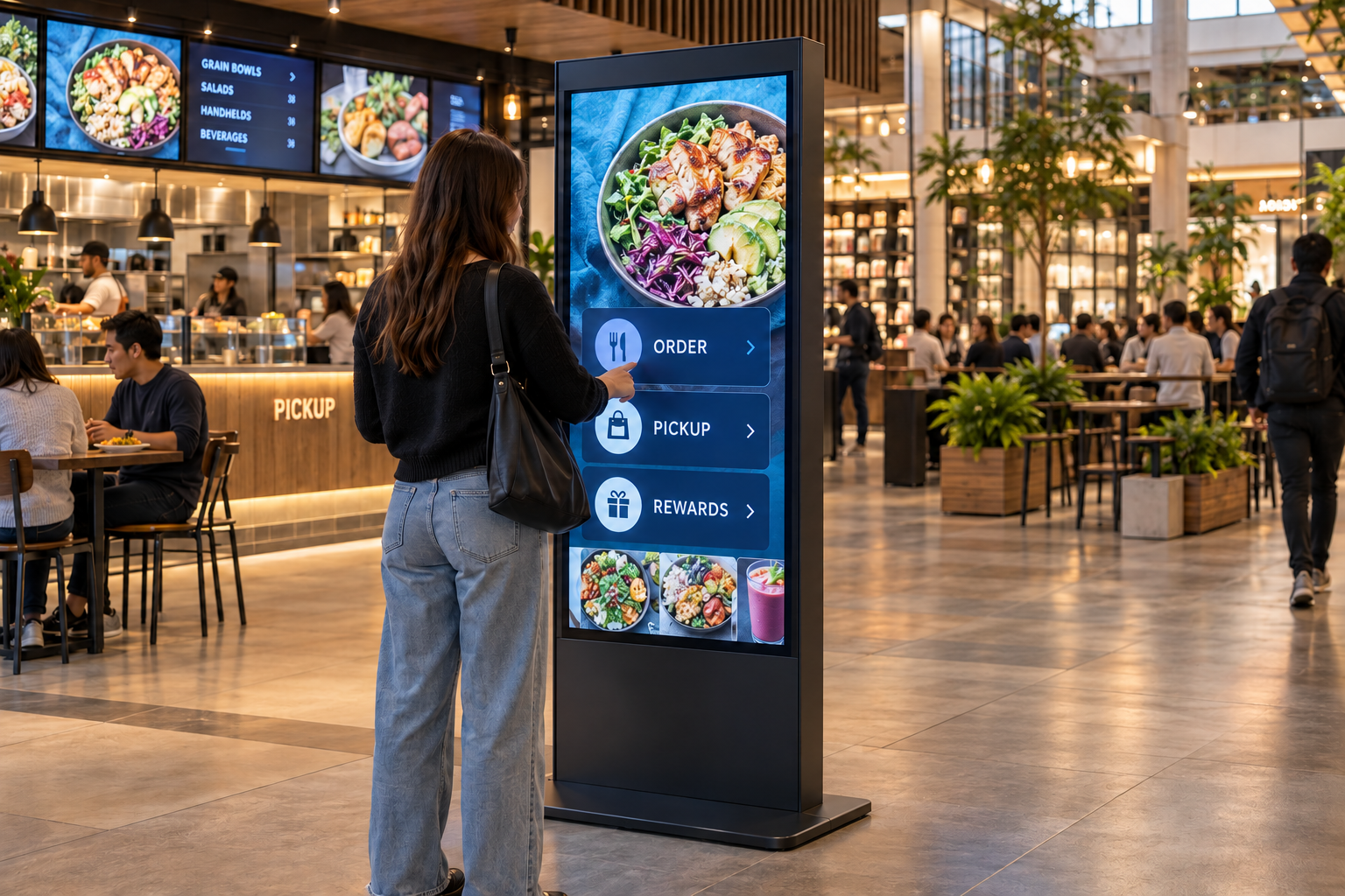 A customer using one full-size digital signage touchscreen kiosk in a food hall