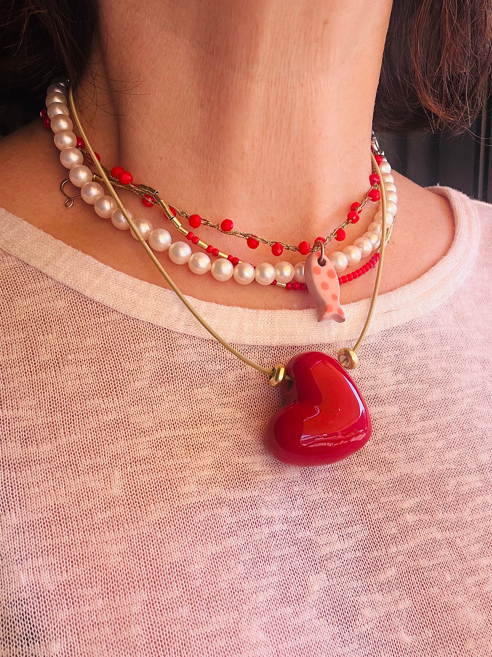 Miniatura: Collana batticuore bordeaux con cavetto