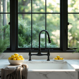 Black framed kitchen windows providing natural light and modern aesthetic