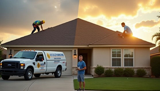 Close-up of a damaged roof during replacement showing torn shingles, exposed roof decking, and a homeowner taking timestamped photos to document incomplete or poor-quality work for a contractor fraud claim.