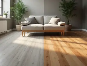 A modern living room showcases a stylish comparison between Light Vinyl Plank (LVP) flooring on the left and warm hardwood flooring on the right, divided by a central sofa and accented by lush green plants.