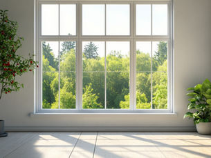A bright, modern living room showcasing three window types—wood, vinyl, and fiberglass—each framing natural sunlight and outdoor greenery, illustrating the differences in durability, maintenance, and energy efficiency discussed in the 2026 window material guide.  
