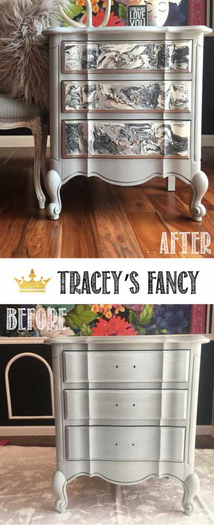 This is so unusual! Furniture painting has gone to the next level! This nightstand makeover now looks so expensive using Tracey's Fancy Marble Color Pour Technique | Neutral Gray Furniture | Color Pouring | Color Pour Furniture | Furniture Painting Tutorials | Furniture Makeover | DIY Furniture | Painted Furniture Inspiration |
