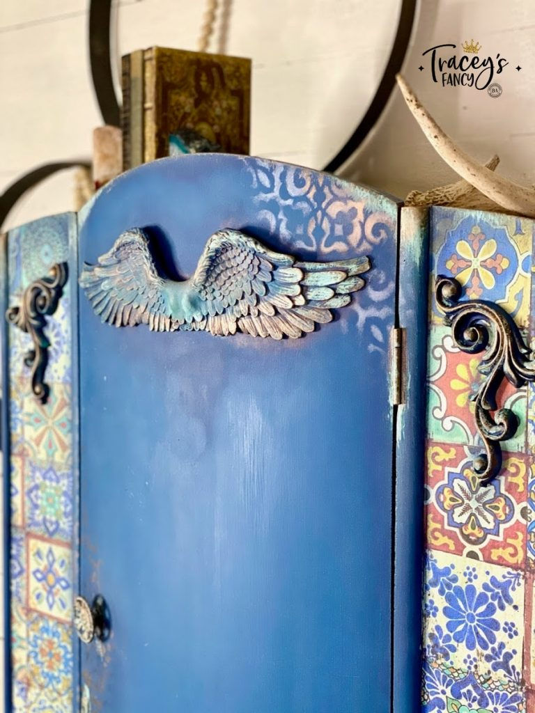 Mediterranean armoire by Traceys Fancy with Dixie Belle Silk Paint, Colorful Tiles decoupage rice paper, and Moroccan stencil