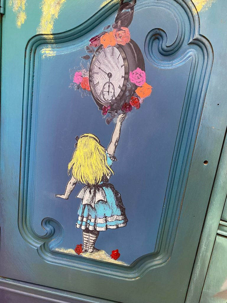Alice 2 Transfers being painted over on either side of the front of the dresser