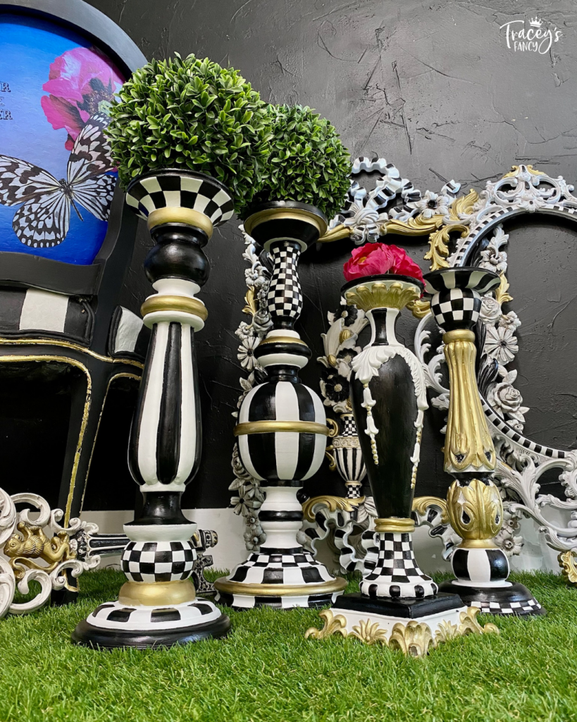 MacKenzie Childs-Inspired candlesticks and home decor using DB paint and checkered patterns