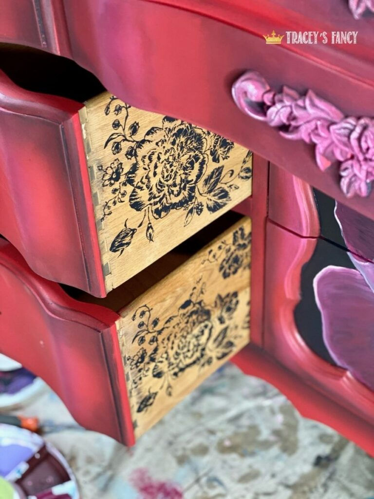hand painted red rose buffet with silkscreen stencil by Tracey's Fancy