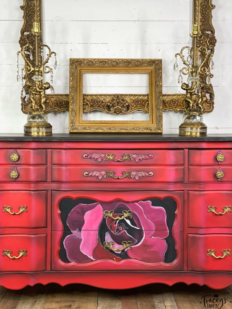 hand painted red rose buffet by Tracey's Fancy