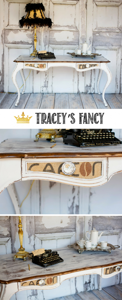 Lovely Decoupaged Desk for a home office - Here's how Tracey's Fancy designed a Farmhouse Office using white distressed painted desk