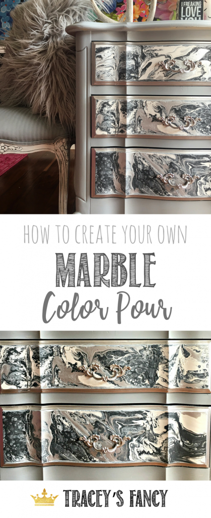 Gorgeous Gray Marble Color Pour on Furniture | Painted Drawers | Tracey's Fancy Marble Color Pour Technique | Neutral Gray Furniture | Color Pouring | Color Pour Furniture | Furniture Painting Tutorials | Furniture Makeover | DIY Furniture | Painted Furniture Inspiration | Nightstand Makeover