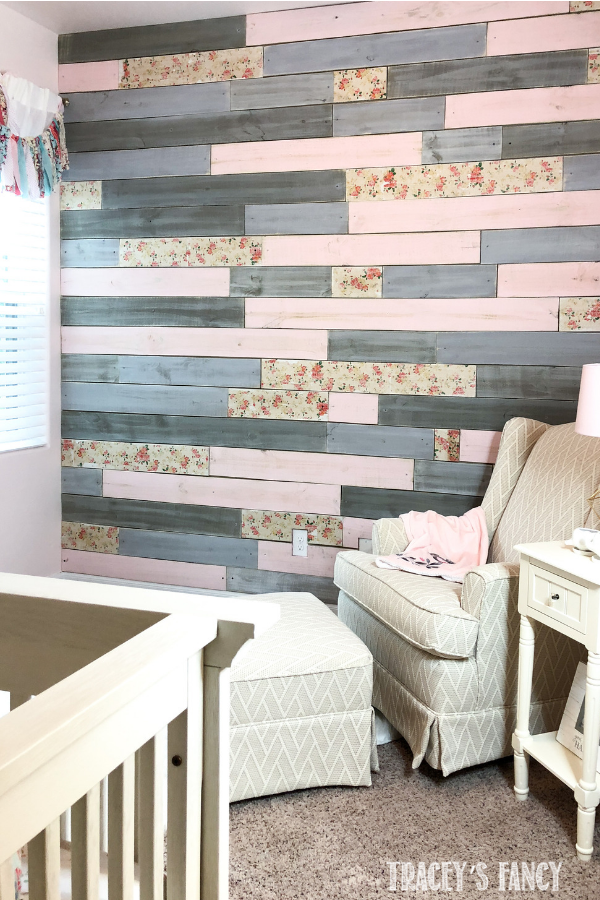 Floral Wood Plank Wall in a Farmhouse Nursery by Tracey's Fancy | Nursery Decor | #nurserydecor