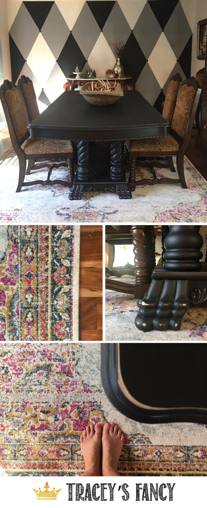 Colorful Dining Room Rug Ideas - Tracey's Fancy painted her dining room from browns to blacks, updated her harlequin feature wall and added a new Vintage Sunny Wildflower rug!
