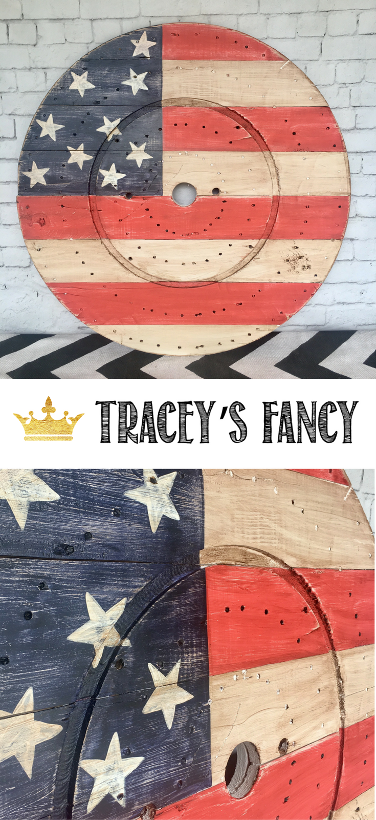 July 4 Decor Ideas by Tracey's Fancy- Patriotic Decor - Upcycled Projects. Flag Art from a repurposed cable spool | Stars and Stripes Flag Art