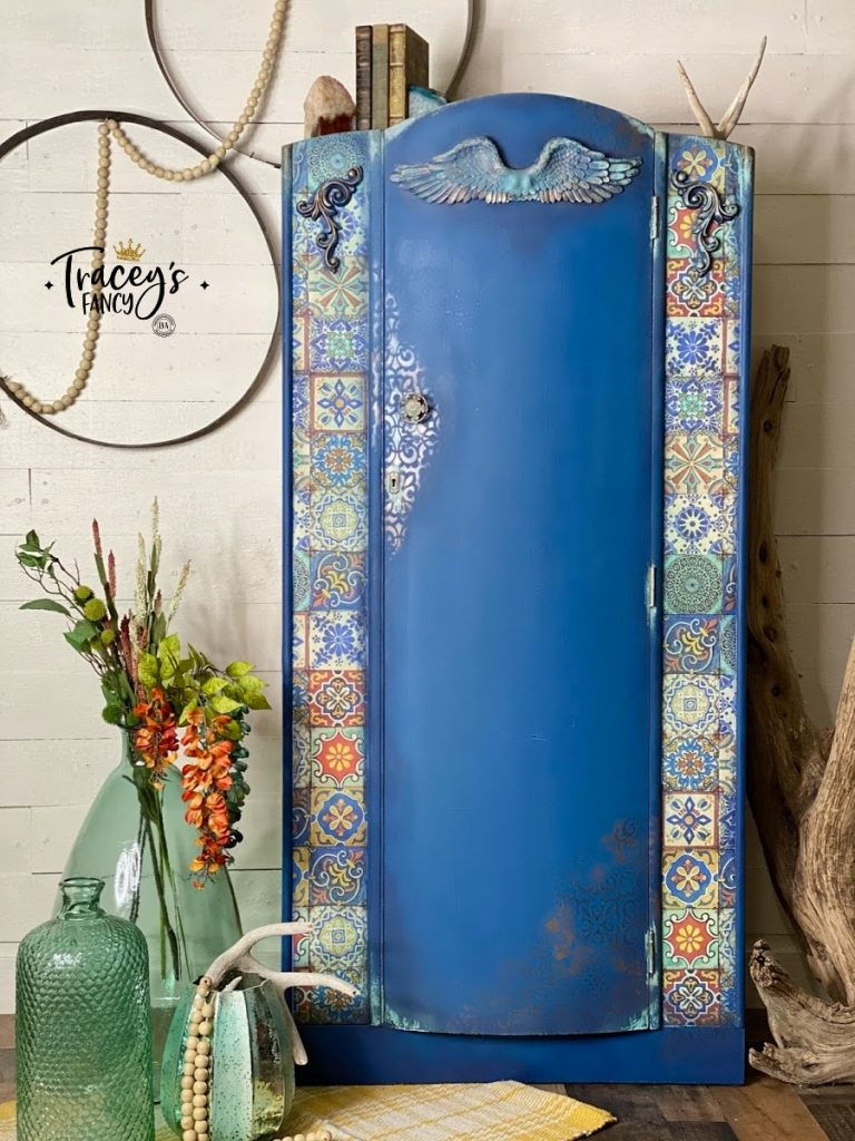 Mediterranean armoire by Traceys Fancy with Dixie Belle Silk Paint and Colorful Tiles decoupage rice paper
