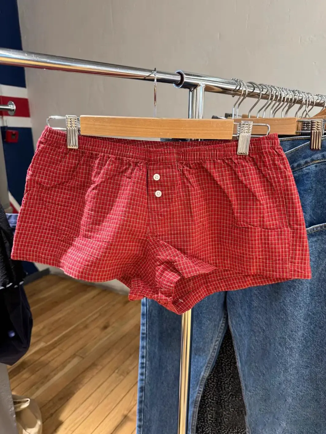 Women's Red Plaid Cotton High Waist Straight Shorts