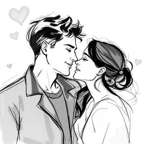 Illustration of a couple leaning in to kiss, with hearts surrounding them. The monochrome sketch conveys romance and affection.