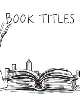 Sketch of an open book with a cityscape on top, tree on the left. Text reads "BOOK TITLES." Black lines and minimal color accents.