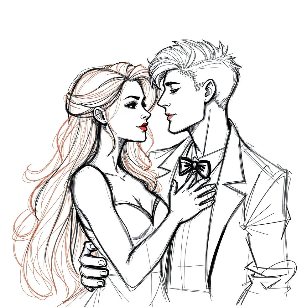 A couple in an elegant embrace. The woman with flowing hair and red lips rests her hand on the man's chest. He wears a bow tie, gazing at her.