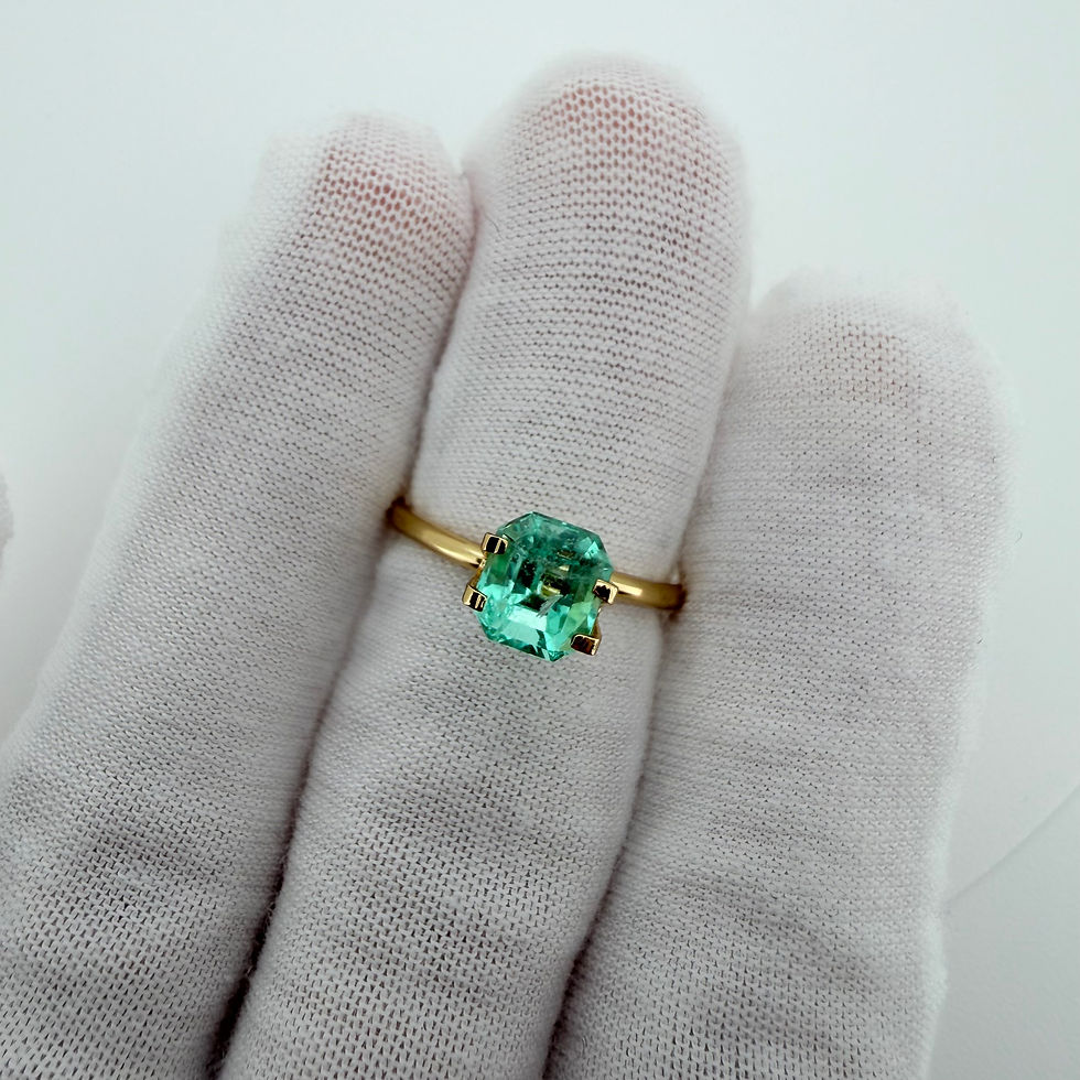 Thumbnail: 1.73 ct Muzo Colombian emerald ring, emerald cut stone in yellow gold, on white glove