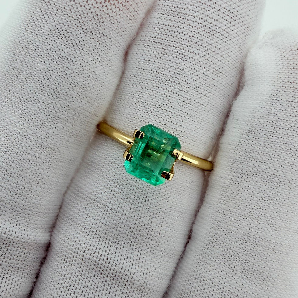 Thumbnail: Colombian emerald ring with 1.25 ct emerald displayed on white glove