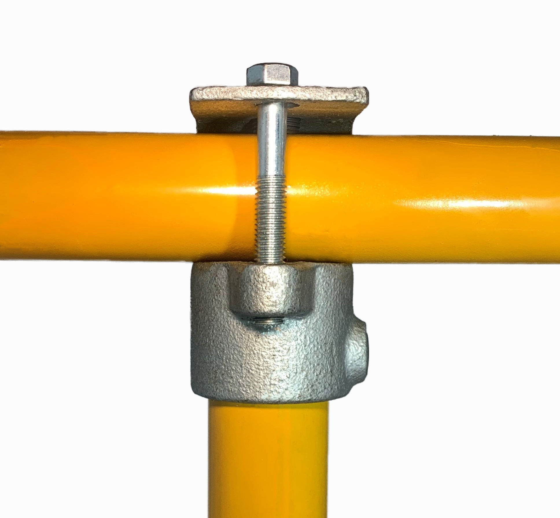 galvanised clamp on tee 135 applied to yellow handrail tubes