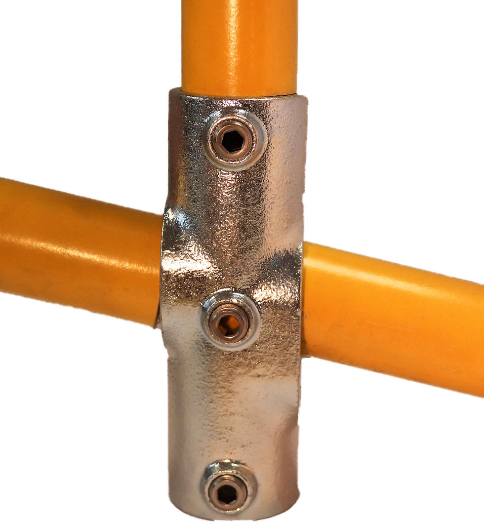 Thumbnail: Slope Inline (256) galvanised tube clamp on yellow handrail