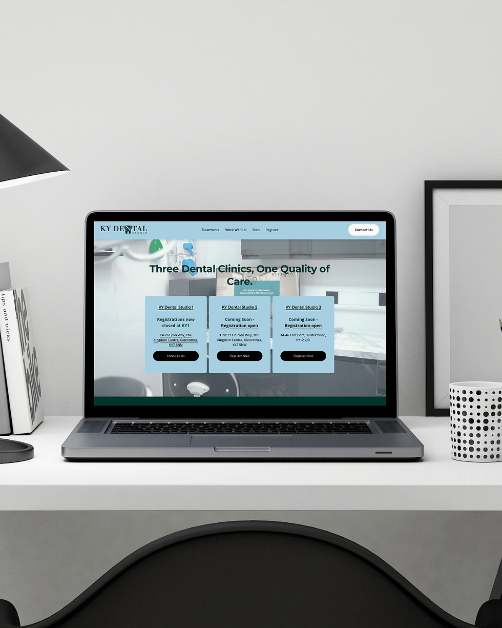 KY dental studio Glenrothes clinic mock laptop hero section homepage