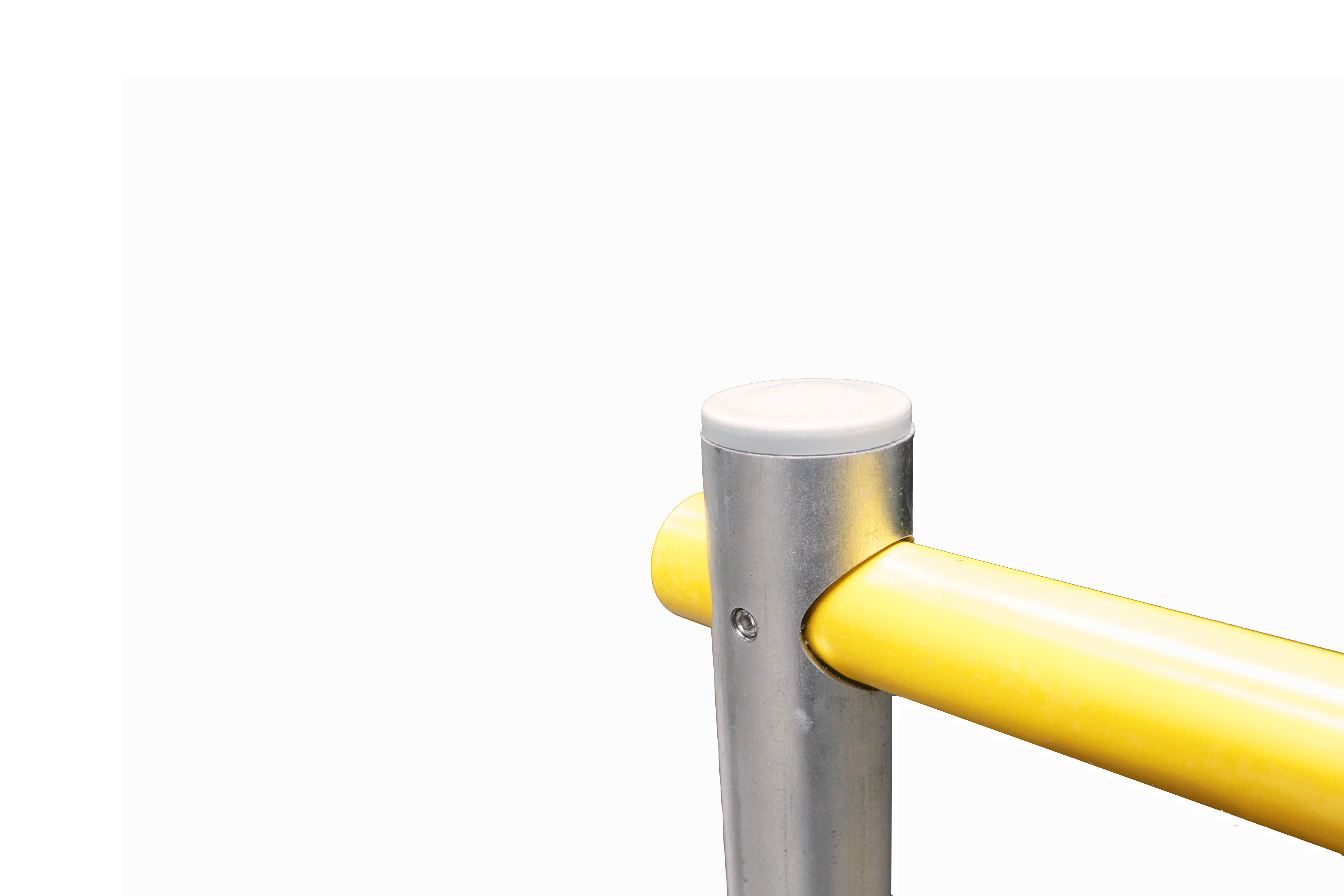galvanised post in grey colour with yellow coloured tube and white background