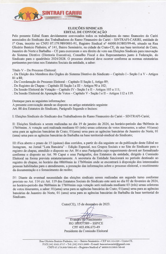 Edital Convocações Eleições Sindicais Ca