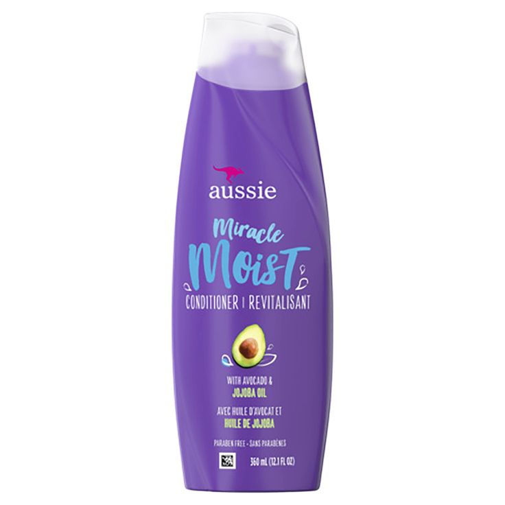 Purple bottle of Aussie Miracle Moist Conditioner with avocado and jojoba oil, featuring a minimalist design and text highlighting ingredients.