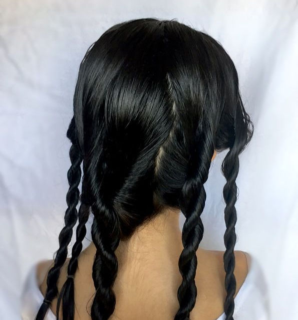 A person with long, black hair styled in twisted braids, seen from behind against a white background. Simple and neat appearance.