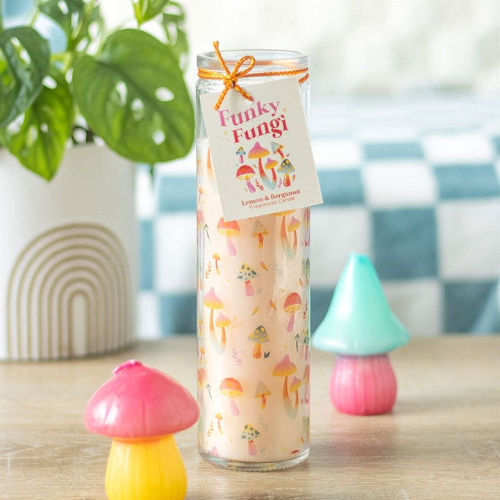 Funky fungi mushroom print tube candle