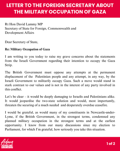 Occupation of Gaza: Letter to the Foreign Secretary