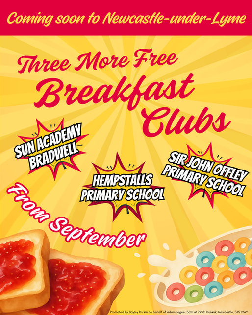THREE more schools in Newcastle-under-Lyme to provide free breakfast clubs for pupils