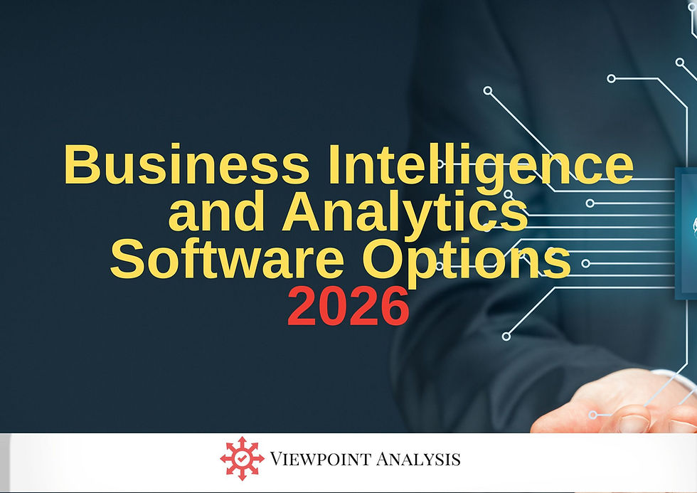 Hand holding tech graphics on dark background with yellow text "Business Intelligence and Analytics Software Options 2026" and logo.