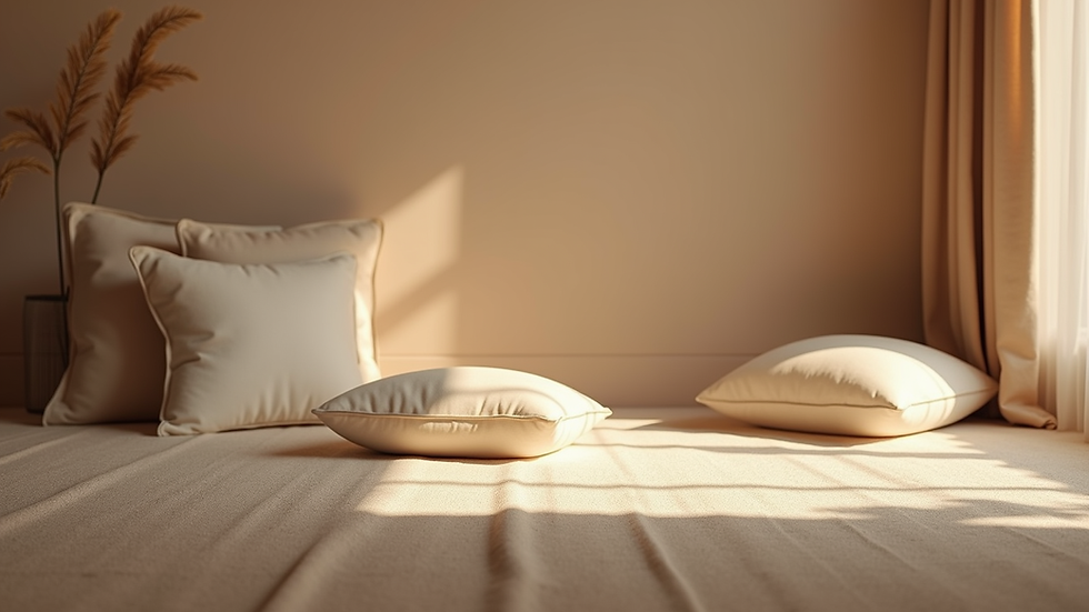 Eye-level view of a cozy room set up for a breathwork session with cushions and soft lighting