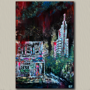 An acrylic on canvas original work features the Cherry Street Tavern and Comcast Center building in Philadelphia, PA.