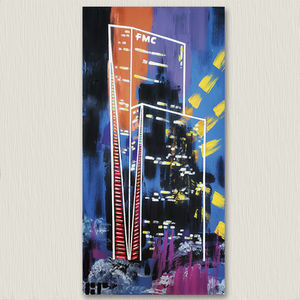 An acrylic on canvas piece of art work featuring the FMC Tower in Philadelphia, Pennsylvania. 