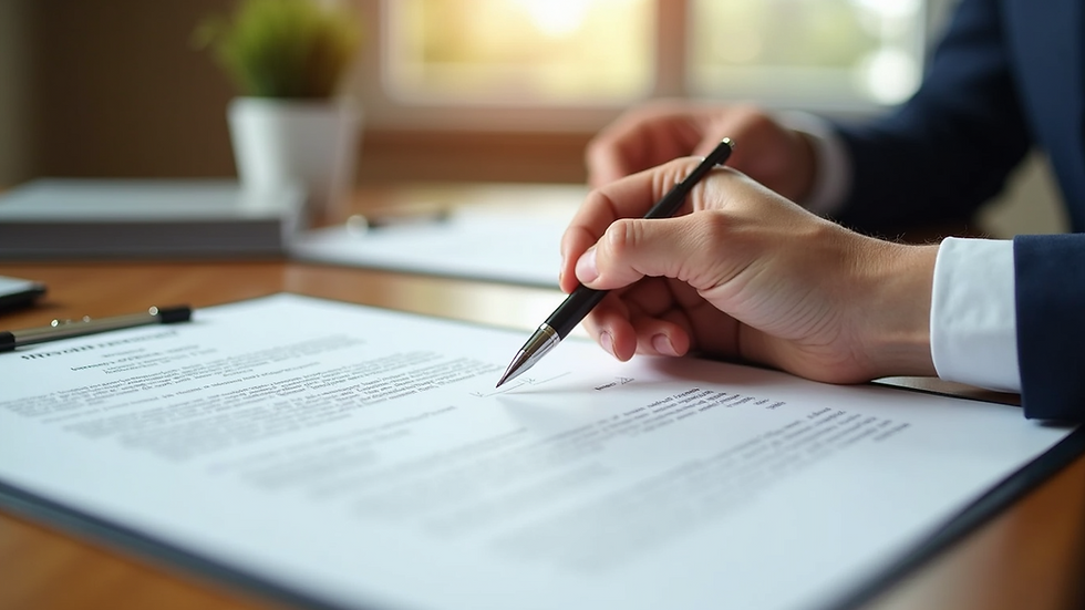 Eye-level view of a legal document with a pen on a wooden table