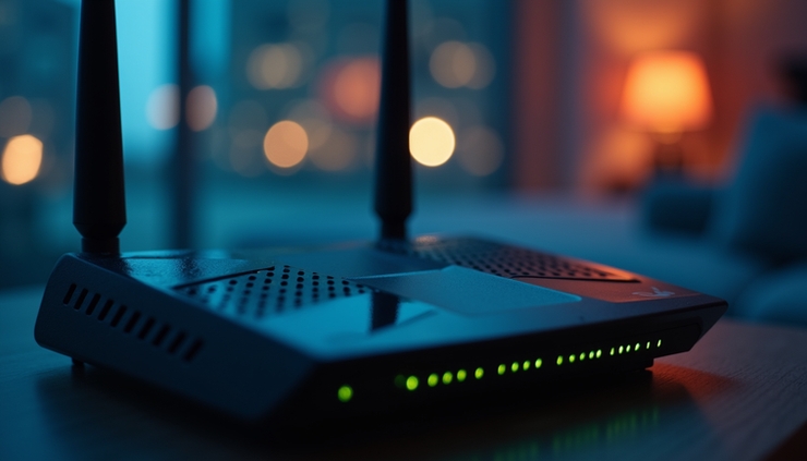 Close-up view of a WiFi router with signal lights glowing