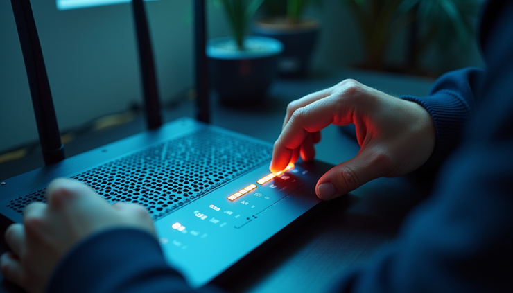 High angle view of a technician configuring a home WiFi router