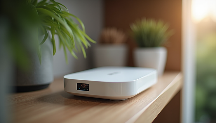 Close-up of a WiFi mesh system device on a shelf