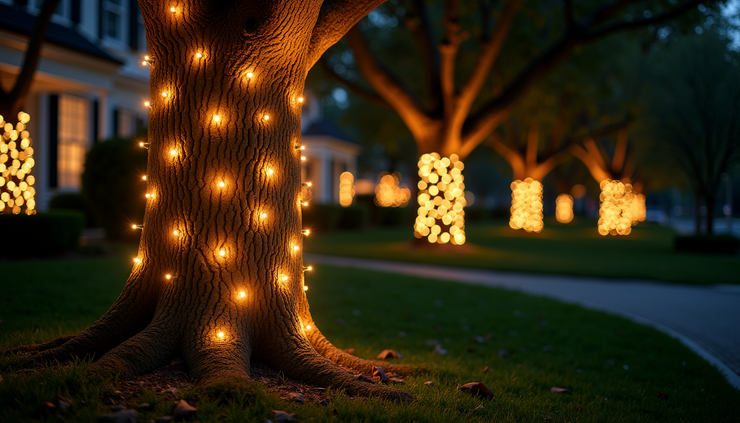 Close-up view of decorative LED landscape lighting on a historic tree during Nights of Lights