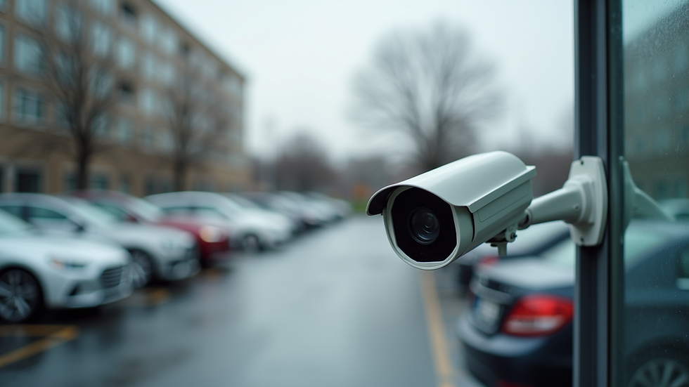 Eye-level view of a security camera monitoring a parking lot