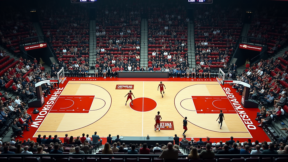 High angle view of a basketball court during a game