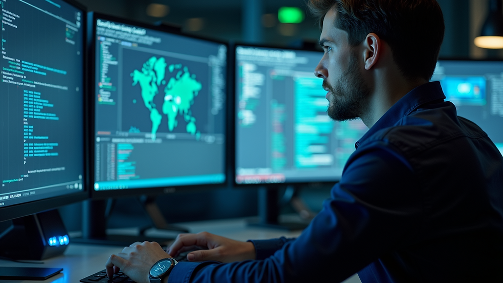Close-up view of a cybersecurity professional analyzing data on multiple monitors