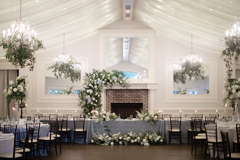 Sweetheart table fireplace floral installation at Highgrove Estate