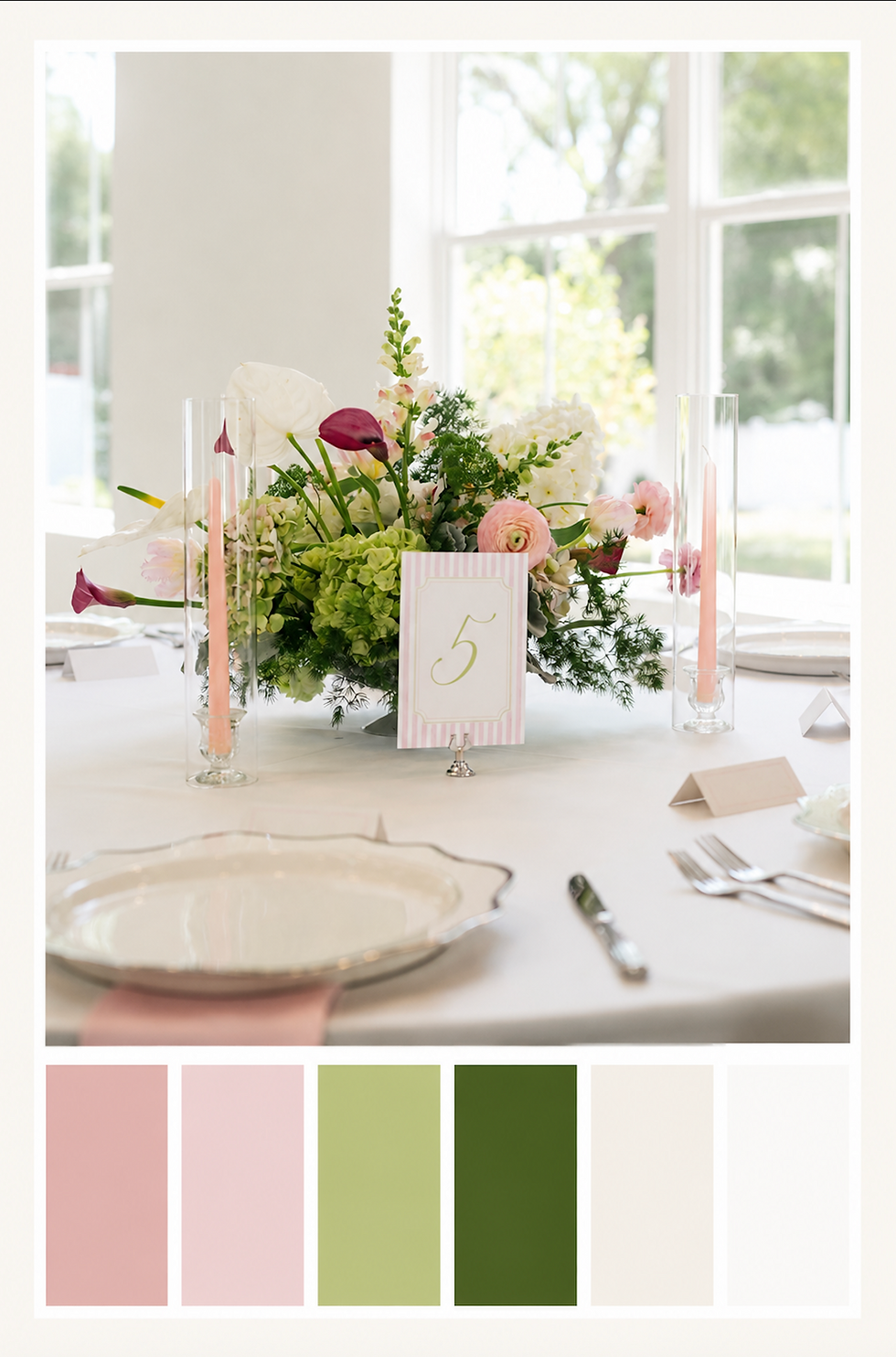 Pink and pistachio green wedding color palette with blush flowers, greenery, ivory, and white wedding details.