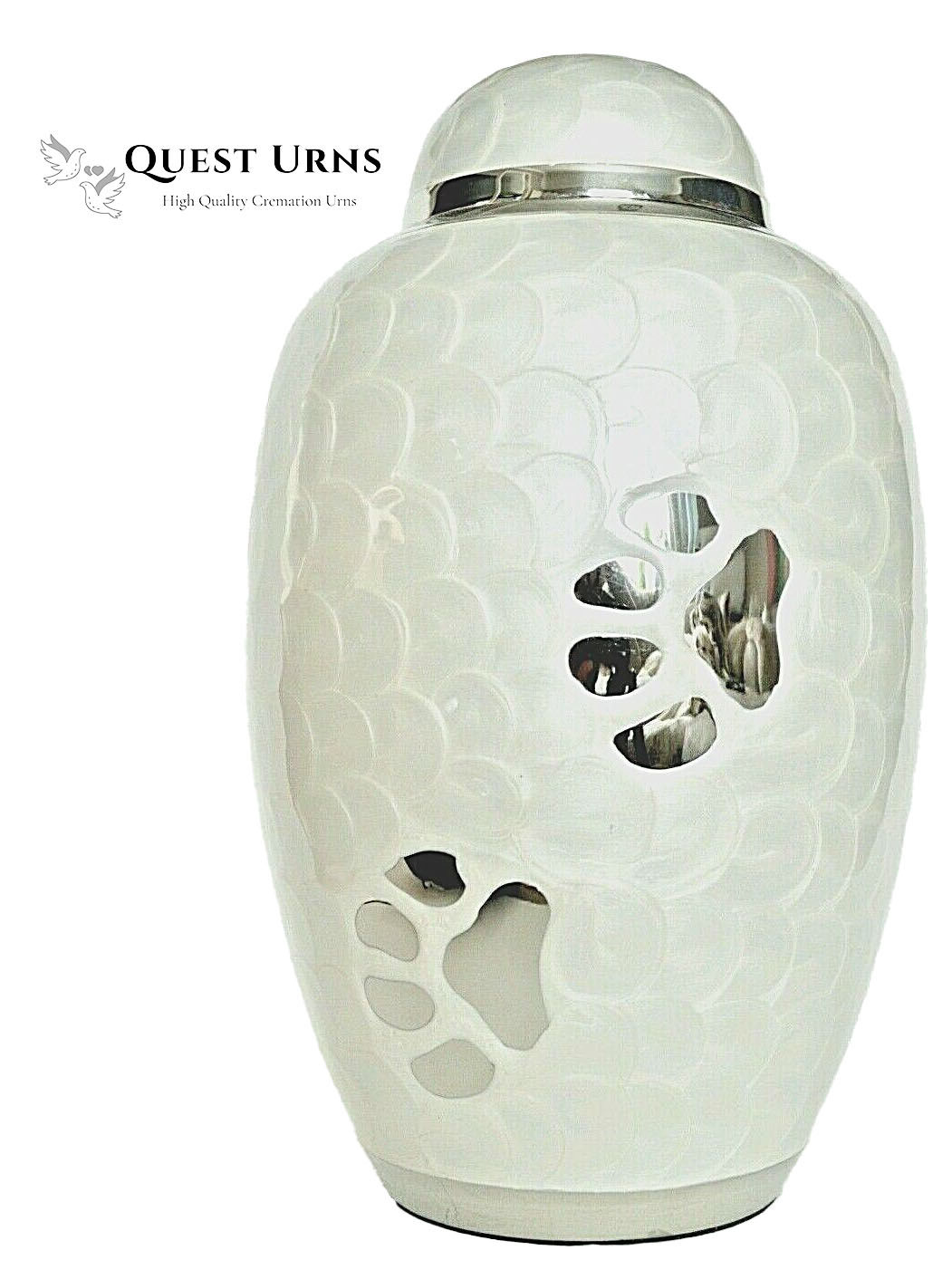 White Pet Urn with Silver Paw Prints